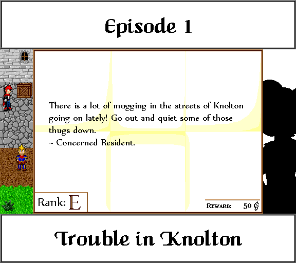 Episode 1: Trouble in Knolton. There is a lot of mugging in the streets of Knolton going on lately! Go out and quiet some of those thugs down. Concerned Resident.
