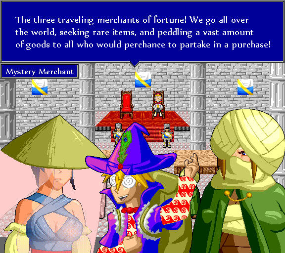 Three traveling merchants of fortune! We go all over the world, seeking rare items, and peddling a vast amount of goods to all who would perchance to partake in a purchase!