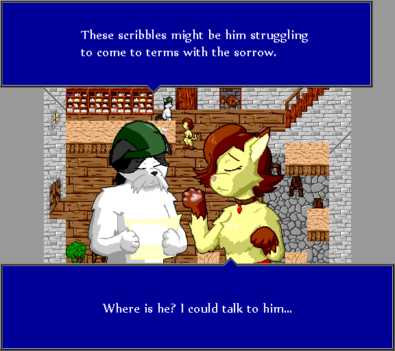 These scribbles might be him struggling to come to terms with the sorrow. Where is he? I could talk to him...