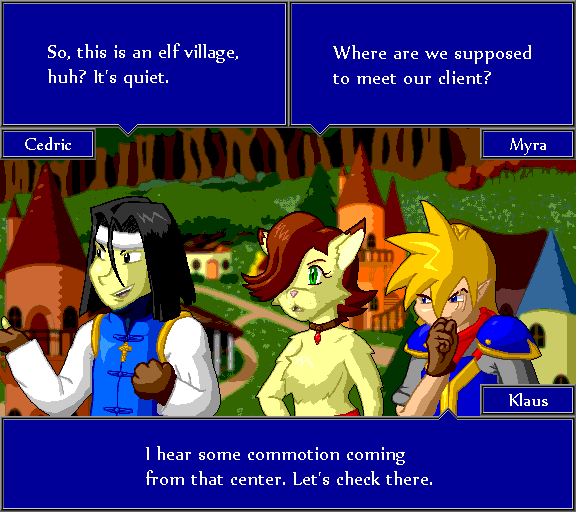 So, this is an elf village, huh? It's quiet. Where are we supposed to meet our client? I hear some commotion coming from that center. Let's check there.