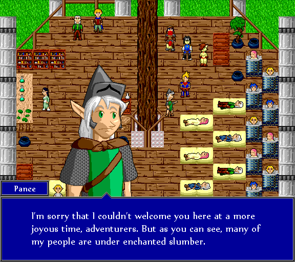 I'm sorry that I couldn't welcome you here at a more joyous time, adventurers. But as you can see, many of my people are under enchanted slumber.