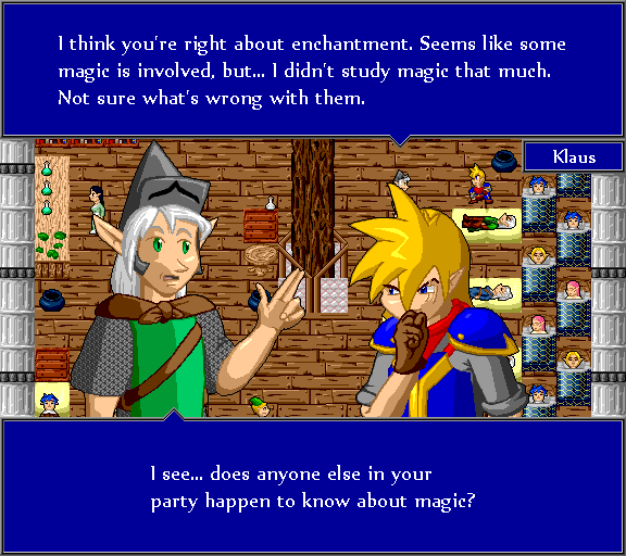 I think you're right about enchantment. Seems like some magic is involved, but... I didn't study magic that much. Not sure what's wrong with them. I see... does anyone else in your party happen to know about magic?