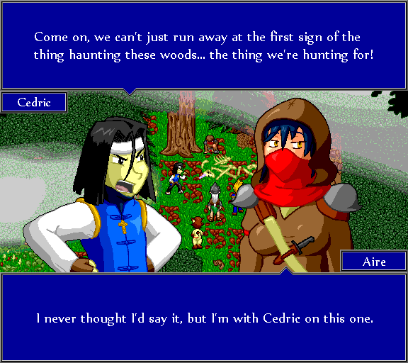 Come on, we can't just run away at the first sign of the thing haunting these woods... the thing we're hunting for! I never thought I'd say it, but I'm with Cedric on this one.