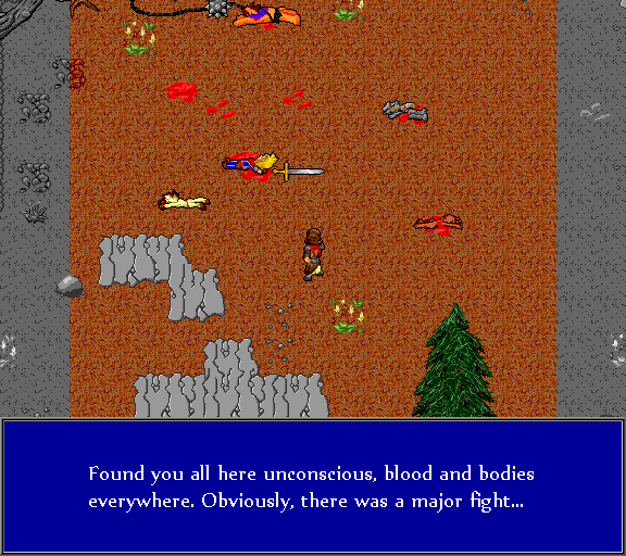 Found you all here unconscious, blood and bodies everywhere. Obviously, there was a major fight...